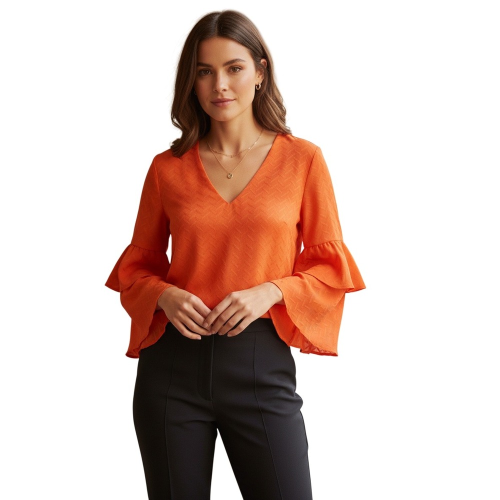 Vince‎ Camuto NWT Orange Chevron Bell Sleeve V Neck Blouse S